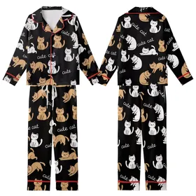 Cat Lovers' Adorable Seamless All-Over Black Background Whimsical White Tan Cartoon Cats & 'Cute Cat' Script Pattern Kid Satin Pajamas Set