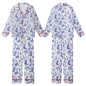 Western Enthusiasts' Illustrative Dusty Periwinkle Cobalt Blue Cowboy Boot Hat Cactus Rattlesnake Pattern Kid Satin Pajamas Set