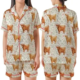 Highland Cow Lovers' Whimsical Watercolor Highland Cow Calf All-Over Pattern with Pink Roses, Sage Leaves, Cream Background Satin Short-Sleeve Pajamas Set