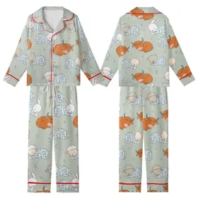 Baby Animal Lovers' Whimsical Illustrative Sleeping Baby Animals Pale Sage Green Pattern: Cow, Bear, Lamb, Bunny in Blue Checkered Pajamas Kid Satin Pajamas Set