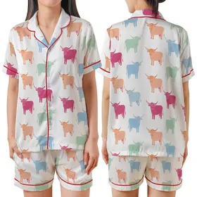 Highland Cow Fans' Whimsical Hand-Drawn Seamless Pattern Block Print Fuchsia Peach Mint Sky Blue Satin Short-Sleeve Pajamas Set