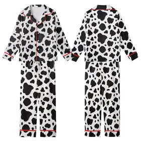 Modern Style Lovers' Illustrative Black White Organic Spot Cowhide Pattern Kid Satin Pajamas Set