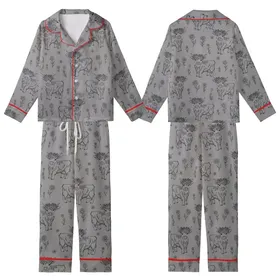 Whimsical Animal Lovers' Black Line Art Highland Cow Calves Floral Seamless Pattern on Heather Gray Kid Satin Pajamas Set