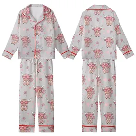 Cute Animal Lovers' Whimsical Pink Highland Cow Heart Sunglasses Bow Lollipop Seamless Pattern Kid Satin Pajamas Set