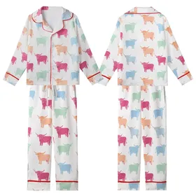 Highland Cow Fans' Whimsical Hand-Drawn Seamless Pattern Block Print Fuchsia Peach Mint Sky Blue Kid Satin Pajamas Set
