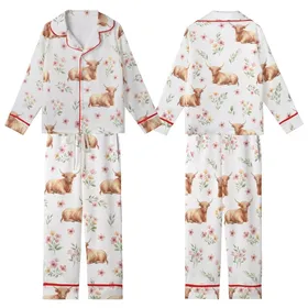 Cottagecore Style Whimsical Watercolor Fluffy Highland Cow Wildflower Botanical Blush Pink Sage Green Pattern Kid Satin Pajamas Set