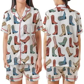 Western Style Lovers' Hand-Drawn Cowboy Boot Pattern Pink Teal Terracotta Hues Satin Short-Sleeve Pajamas Set