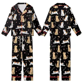 Cat Lovers' Whimsical Black Pattern with Tan & White Cartoon Cats, 'Cute Cat' Script, Pink Hearts Kid Satin Pajamas Set