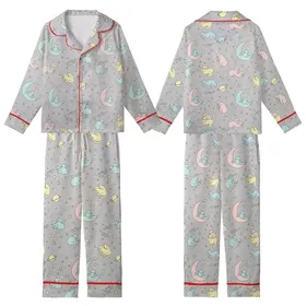 Whimsical Cat Lovers' Pastel Celestial Cats Moon Stars Planets Soft Grey Pattern Kid Satin Pajamas Set