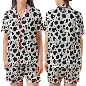 Cute Animal Lovers' Seamless Black Cow Spot All-Over Print with Adorable Pink-Eared Cartoon Cows & Milk Bottle Motif Satin Short-Sleeve Pajamas Set