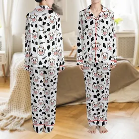 Animal Lovers' Whimsical Cartoon Cow Faces Pink Snouts Black Spots 'MOO~' White Pattern Satin Pajamas Set