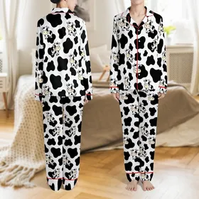 Animal Lovers' Whimsical Black & White Organic Cow Spot Pattern with Charming Cartoon Cows Satin Pajamas Set