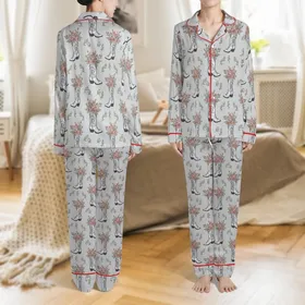 Women's Illustrative Metallic Silver-Grey Cowboy Boots Floral Pattern Muted Rose Pink Peach Sage Green Satin Pajamas Set