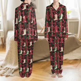 Western Lifestyle Deep Red Green Buffalo Plaid Cowboy Boots Gold Star Snowflake Pattern Satin Pajamas Set