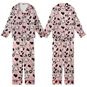 Cute Style Enthusiasts' Playful Cartoon Cow Pastel Pink Black White Cow Print Heart Spot Pattern Kid Satin Pajamas Set