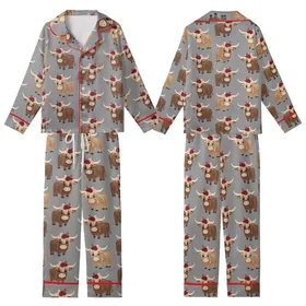 Highland Cow Lovers' Whimsical Shaggy Brown Cow Red Pink Floral Crown Heather Grey Print Kid Satin Pajamas Set