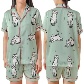 Cat Lovers' Whimsical Hand-Drawn White Cartoon Cats Light Mint Green Pattern Fish Bones Paw Prints Satin Short-Sleeve Pajamas Set
