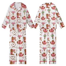 Women's Whimsical Western Pink Bow Cowgirl Hat Longhorn Cactus Pattern Kid Satin Pajamas Set