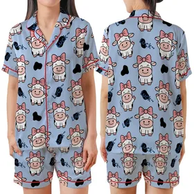Cute Animal Lovers' Whimsical Cartoon Cow Seamless Repeat Light Periwinkle Blue Pink Bows Black Spots Luck Pattern Satin Short-Sleeve Pajamas Set