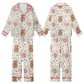 Highland Cow Lovers' Whimsical Watercolor Shaggy Brown Cow Dusty Rose Peach Yellow Green Floral Pattern Kid Satin Pajamas Set