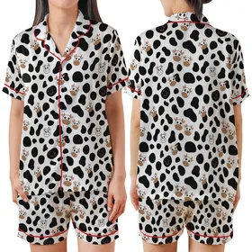 Cow Lovers' Whimsical White Black Brown Pink Cartoon Cow Spot & Friendly Face Pattern Satin Short-Sleeve Pajamas Set