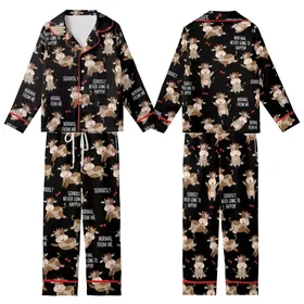 Cow Lovers' Whimsical Brown Tan Cows Red Bows Sassy White Text Black Seamless Pattern Kid Satin Pajamas Set