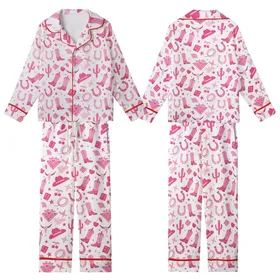 Pink Western Enthusiasts' Playful Pink & Hot Pink Cowgirl Boot Cactus Star Pattern Kid Satin Pajamas Set