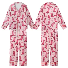 Cowgirl Chic Fans' Blush Pink Fuchsia Stylized Scattered Cowboy Boots Heart Badge Pattern Kid Satin Pajamas Set