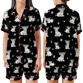 Highland Cow Fans' Black and White Illustrative Stencil Style Seamless Repeating Pattern of Cute Highland Cows with Flower Crowns Satin Short-Sleeve Pajamas Set