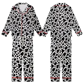 Animal Print Lovers' Bold Black White Cow Spot Pattern with Stylized Cow Heads and Milk Splashes Kid Satin Pajamas Set