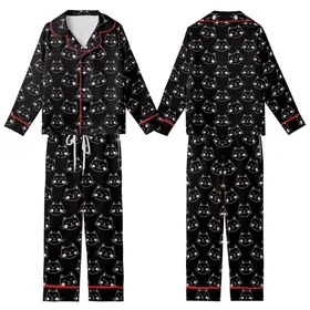 Cat Lovers' Whimsical Flat Illustrative Smiling Cat Faces Black White Pink Pattern Kid Satin Pajamas Set