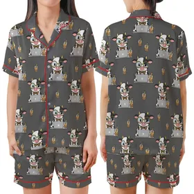 Chibi Art & Boba Tea Lovers' Charcoal Grey Chibi Cow Laptop Boba Tea Pattern, Blue Glasses & Leopard Bows Satin Short-Sleeve Pajamas Set