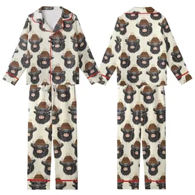 Cute Animal Lovers' Fluffy Baby Highland Cow Black White Fur Light Pink Snout Brown Striped Pom-Pom Beanie Pattern Kid Satin Pajamas Set