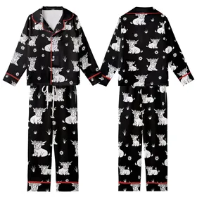 Highland Cow Fans' Black and White Illustrative Stencil Style Seamless Repeating Pattern of Cute Highland Cows with Flower Crowns Kid Satin Pajamas Set