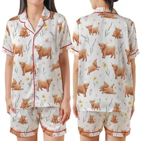 Whimsical Animal Lovers' Fluffy Highland Cow & Calf Watercolor Reddish-Brown & Lavender Wildflower Repeating Pattern Satin Short-Sleeve Pajamas Set