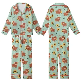 Whimsical Animal Lovers' Pastel Mint Green Highland Cow Golden Sunflower Rustic Repeat Design Kid Satin Pajamas Set
