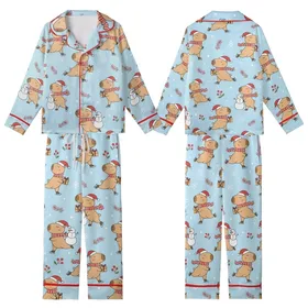Capybara Lovers' Whimsical Cartoon Capybara Christmas Ice Skating Light Blue Seamless Pattern Kid Satin Pajamas Set