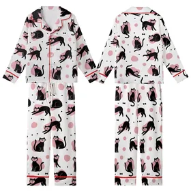 Cat Lovers' Whimsical Black Cat Pink Blob Polka Dot Seamless White Pattern Kid Satin Pajamas Set
