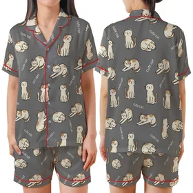 Black Outline Cartoon Cats, Tan White Brown Spots, Pink Cheeks. 'Cute Cat' Text on Grey. Satin Short-Sleeve Pajamas Set