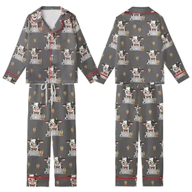 Cartoon Cow Working Laptop Blue Glasses Gold Frame Leopard Bow Brown Boba Tea Charcoal Grey Kid Satin Pajamas Set