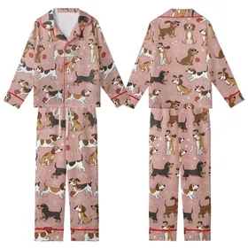 Dog Lover Dachshund Beagle Running Leaping Dogs Pink Paw Prints Golden Yellow Bows Kid Satin Pajamas Set