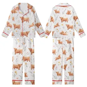 Highland Cow Calves Reddish-Brown Wildflower Watercolor Lavender Golden Pink Sage Kid Satin Pajamas Set