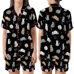 Cat Lovers' Whimsical Flat Illustrative Black Background Scattered Cartoon Cats White Tan Blue Pink Red Hearts Typography Satin Short-Sleeve Pajamas Set