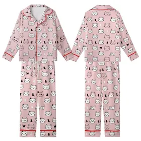 Cat Lovers' Minimalist Hand-Drawn Smiling Sleeping Cat Faces & Silhouettes on Bubblegum Pink Pattern Kid Satin Pajamas Set