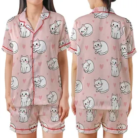 Cat Lovers' Whimsical Pastel Pink Seamless Cartoon Cats White Bodies Black Outlines & Pink Hearts Satin Short-Sleeve Pajamas Set