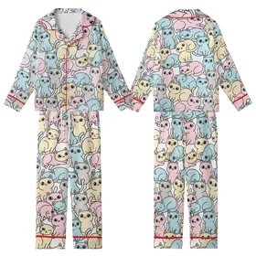 Cat Lover's Peeking Sleeping Stretching Cats Pattern: Pink Blue Grey Tan Aqua Eyes Kid Satin Pajamas Set