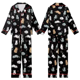 Cat Lover's Black Outline Cartoon Cats Pattern Posing White Tan Grey-Blue Red Hearts Kid Satin Pajamas Set