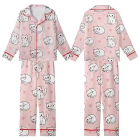 Cat Lover Pastel Pink Sleeping Winking Sitting Cats Black Outline White Body Hearts Kid Satin Pajamas Set