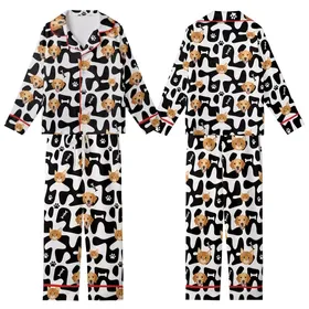 Pet Lovers' Golden Retriever Ginger Tabby Cat Faces Black White Abstract Pattern with Bones & Fish Skeletons Kid Satin Pajamas Set