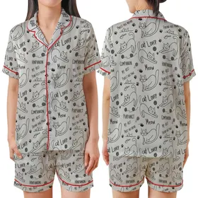 Cat Lovers' Whimsical Black & Grey Hand-Drawn Cartoon Cat Pattern with Playful Felines, Yarn, & Phrases Satin Short-Sleeve Pajamas Set